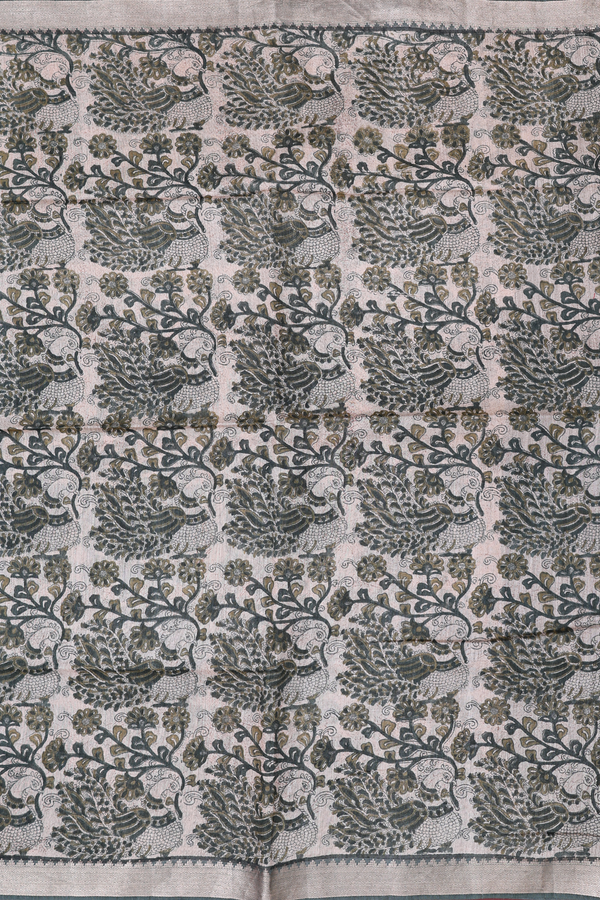 Tussar Silk Saree In Cream Color With Peacock Design