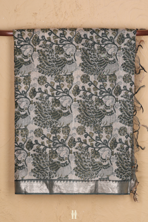Tussar Silk Saree In Cream Color With Peacock Design
