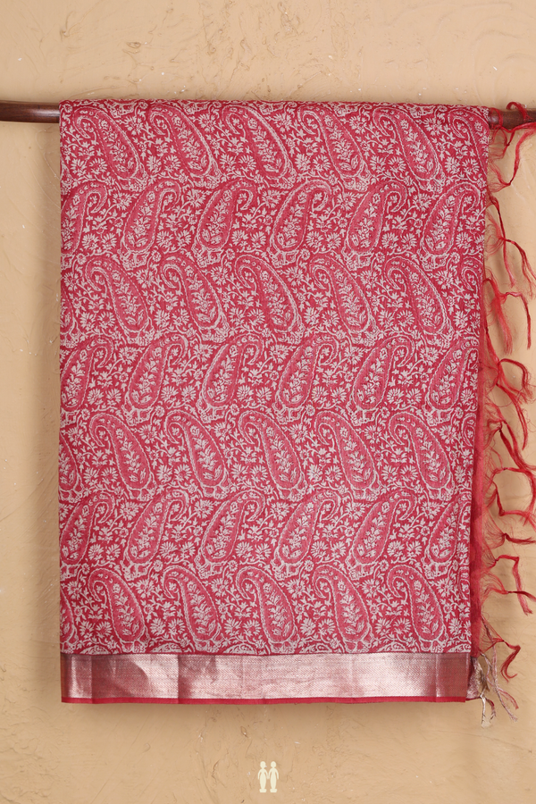 Tussar Silk Saree In Red With Paisley Design