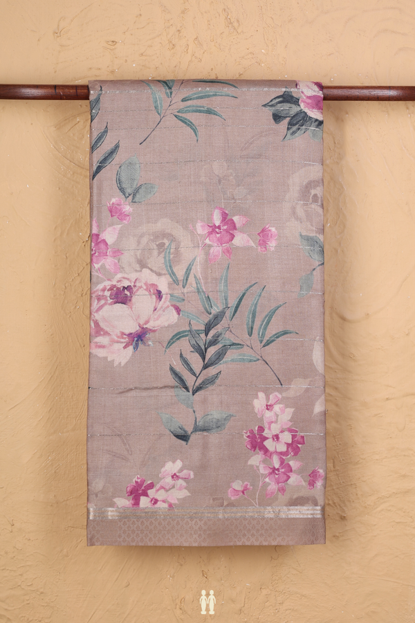Tussar Silk Saree In Dusty Brown With Floral Design