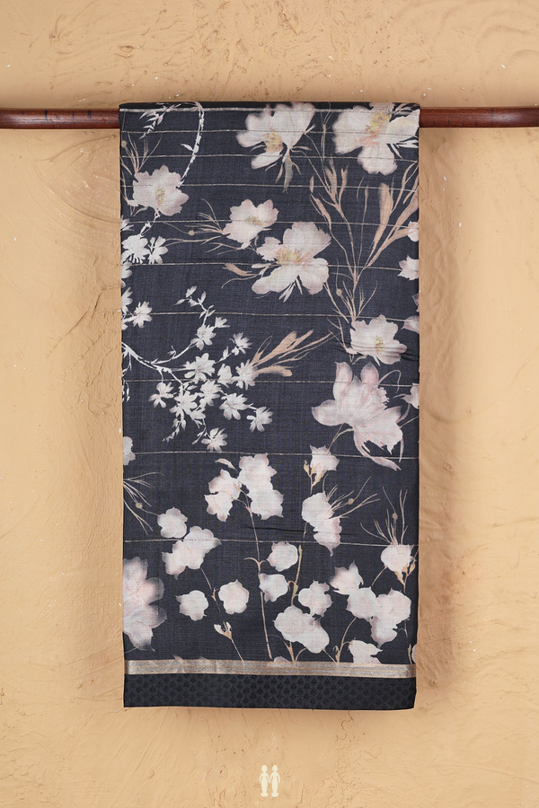 Tussar Silk Saree In Charcoal Grey With Floral Design