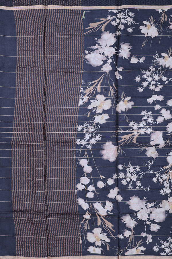 Tussar Silk Saree In Charcoal Grey With Floral Design
