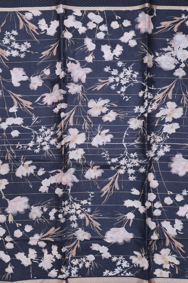 Tussar Silk Saree In Charcoal Grey With Floral Design