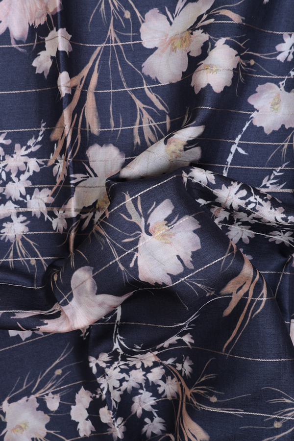 Tussar Silk Saree In Charcoal Grey With Floral Design