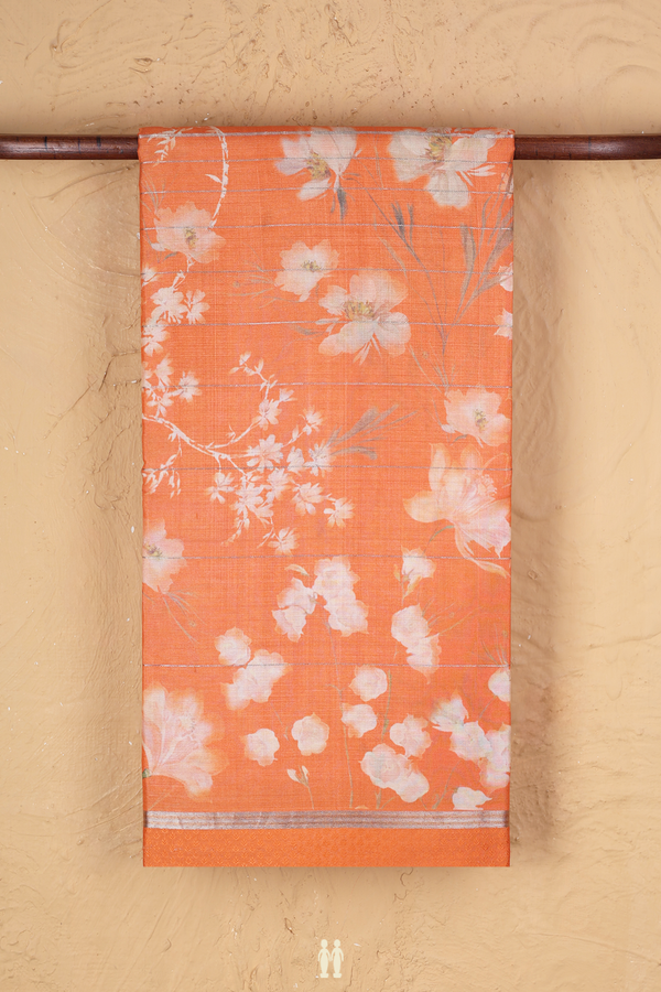 Tussar Silk Saree In Orange With Floral Design