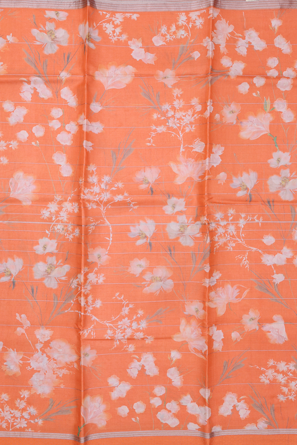 Tussar Silk Saree In Orange With Floral Design