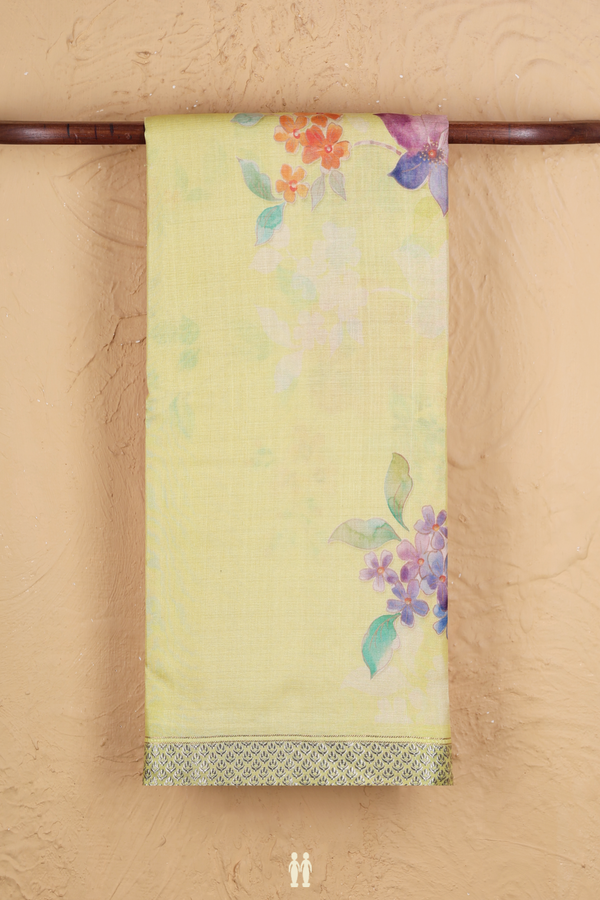 Tussar Silk Saree In Light Yellow With Floral Design
