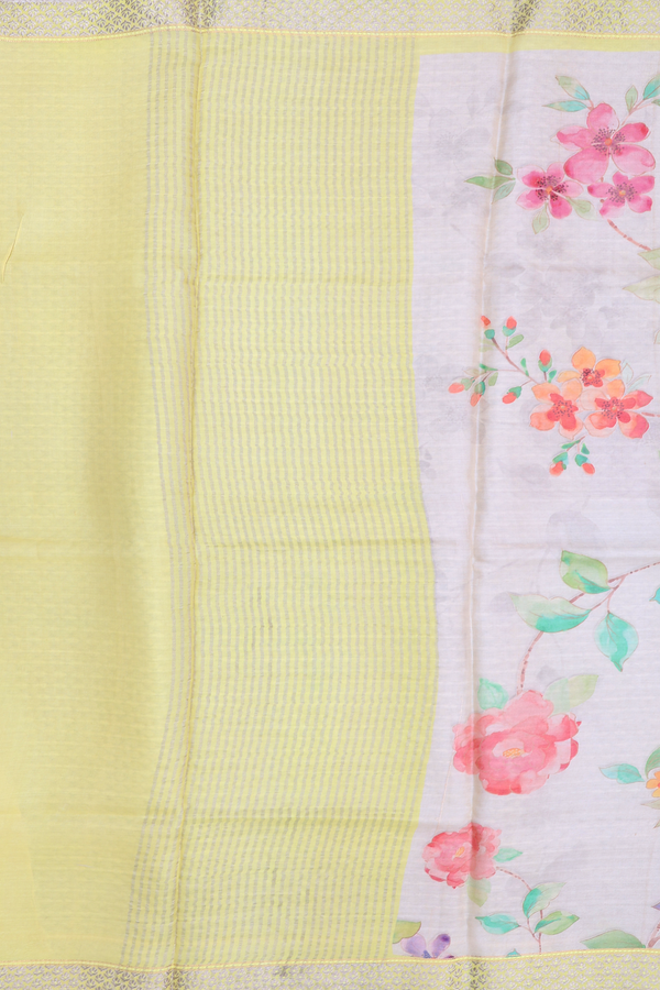 Tussar Silk Saree In Light Yellow With Floral Design