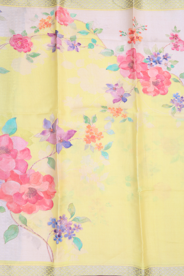 Tussar Silk Saree In Light Yellow With Floral Design
