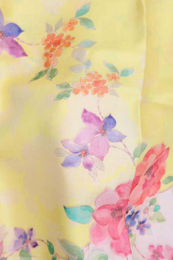 Tussar Silk Saree In Light Yellow With Floral Design