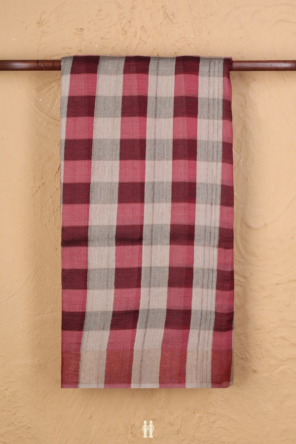 Tussar Silk Saree In Red And Cream With Checks Design