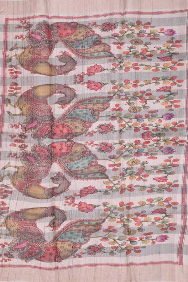 Tussar Silk Saree In Red And Cream With Checks Design