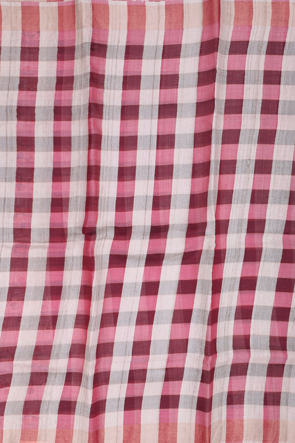 Tussar Silk Saree In Red And Cream With Checks Design