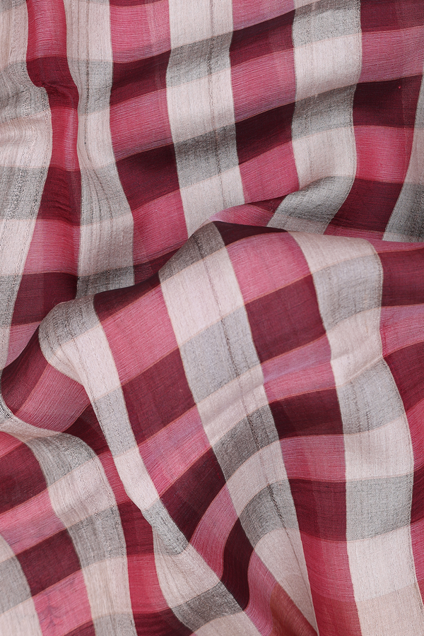 Tussar Silk Saree In Red And Cream With Checks Design