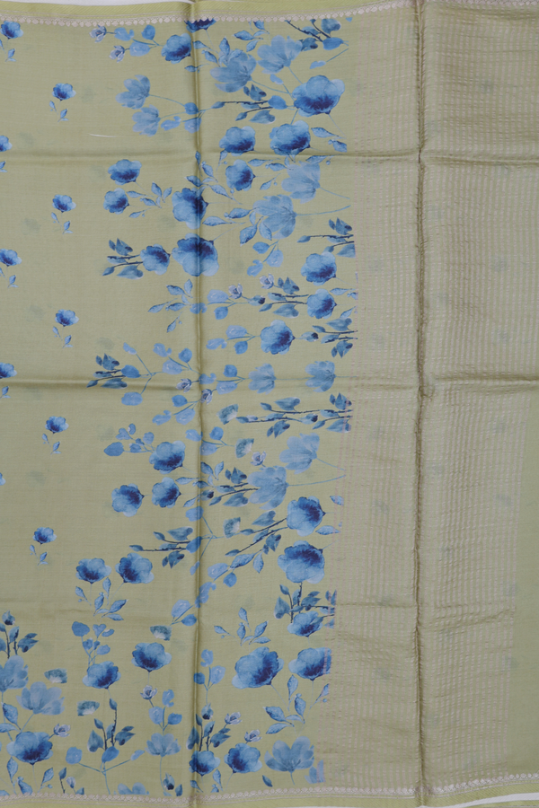 Tussar Silk Saree In Moss Green With Floral Buttas