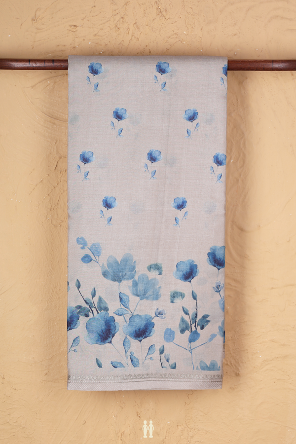 Tussar Silk Saree In Greyish Cream With Floral Design