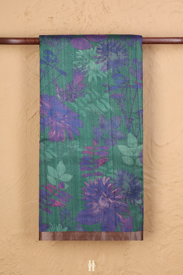 Tussar Silk Saree In Forest Green With Floral Design