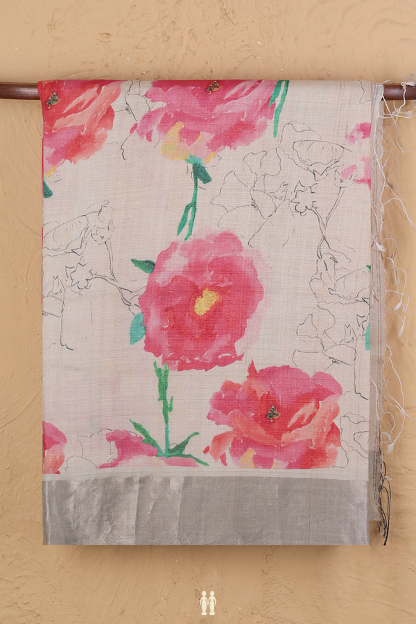 Tussar Silk Saree In Cream Color With Floral Design