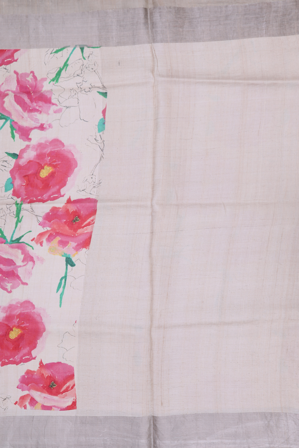 Tussar Silk Saree In Cream Color With Floral Design