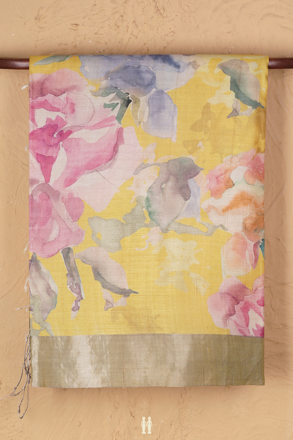 Tussar Silk Saree In Yellow With Floral Printed Design