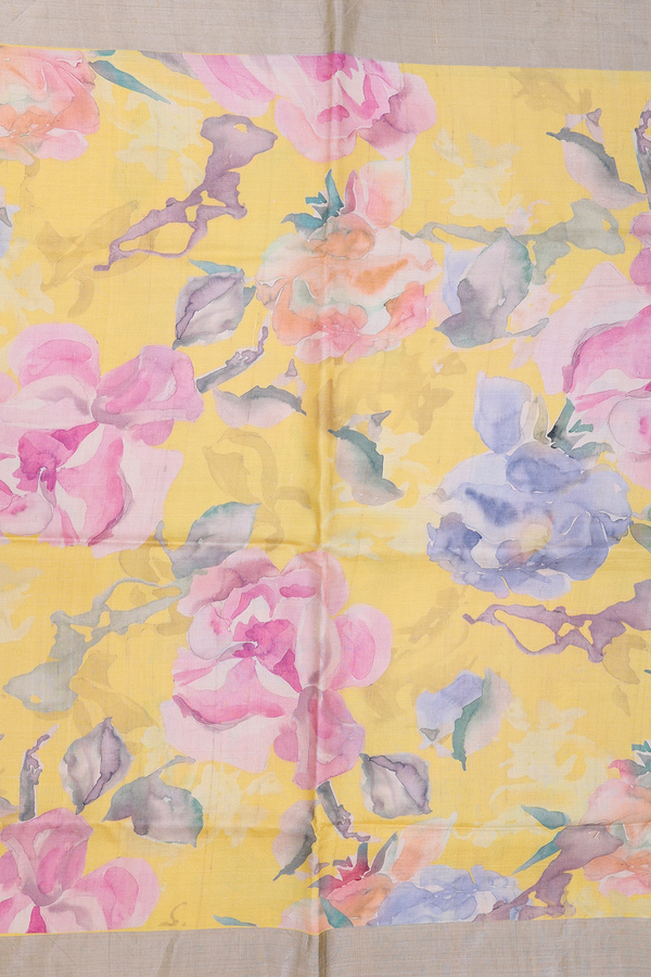 Tussar Silk Saree In Yellow With Floral Printed Design