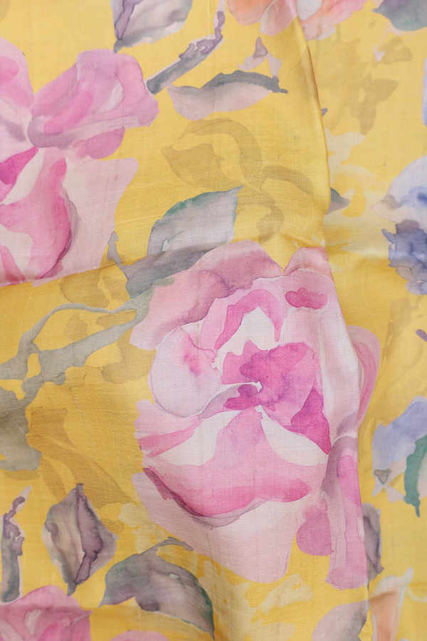 Tussar Silk Saree In Yellow With Floral Printed Design
