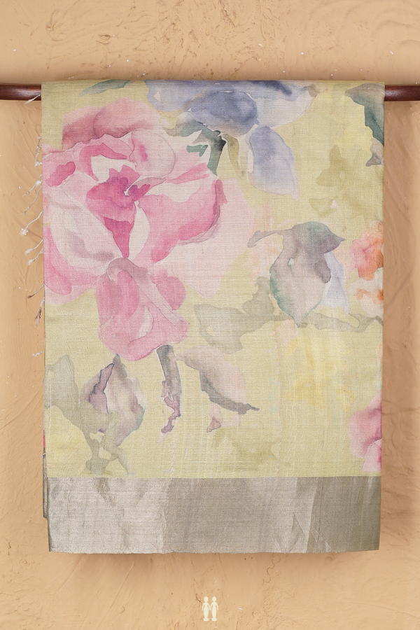 Tussar Silk Saree In Light Yellow With Floral Design