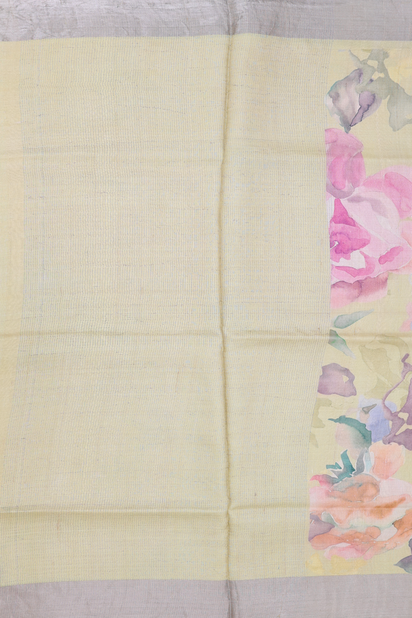 Tussar Silk Saree In Light Yellow With Floral Design