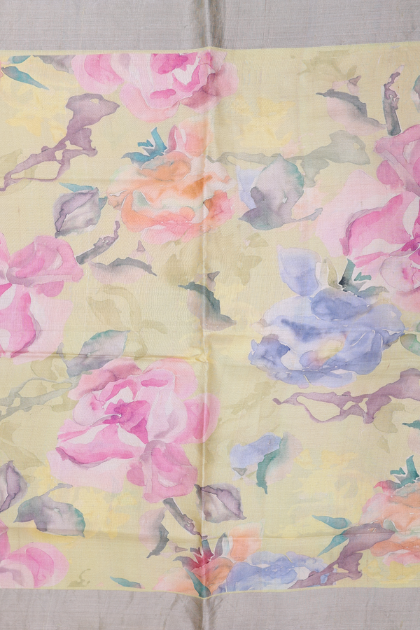 Tussar Silk Saree In Light Yellow With Floral Design