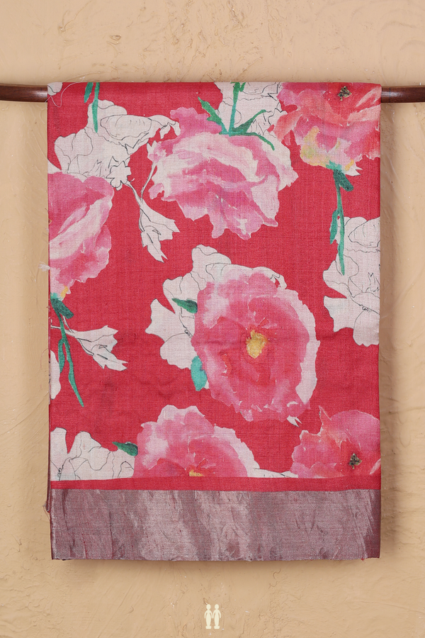 Tussar Silk Saree In Red With Floral Printed Design