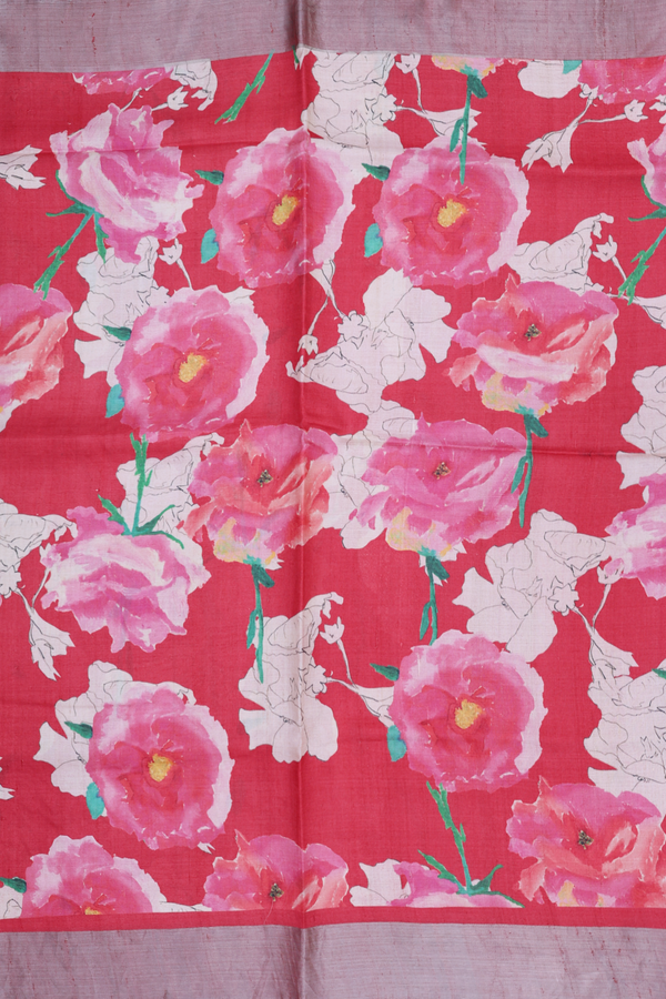 Tussar Silk Saree In Red With Floral Printed Design