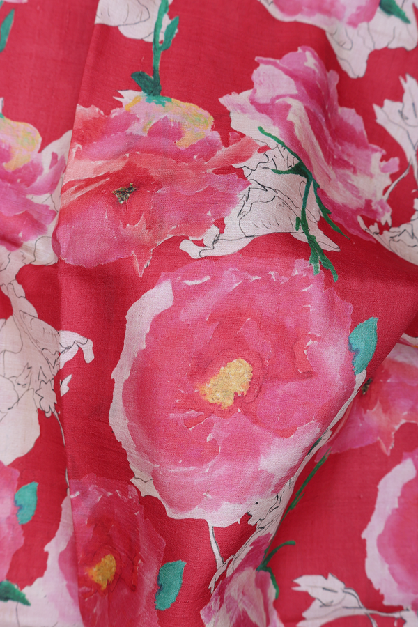 Tussar Silk Saree In Red With Floral Printed Design