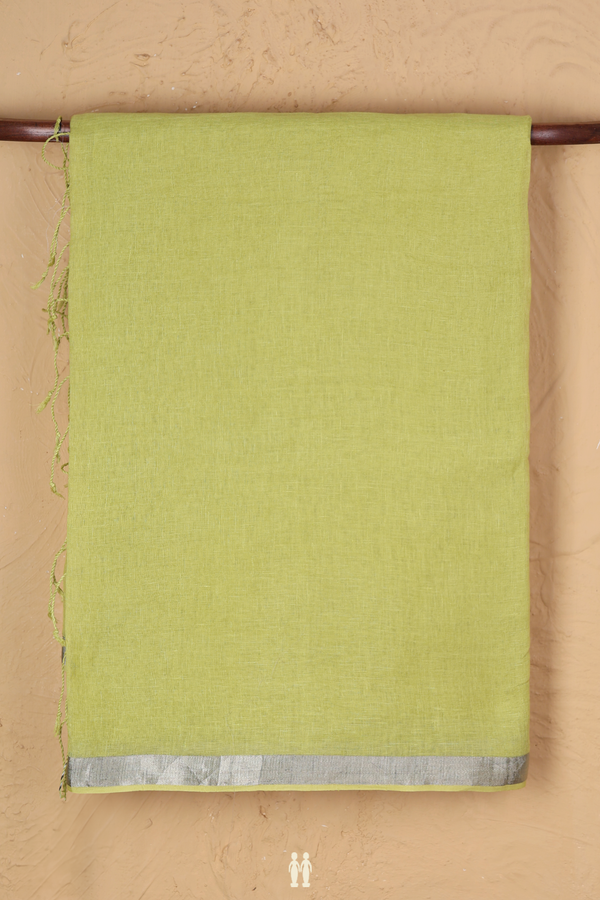 Linen Saree In Plain Lime Green With Zari Border
