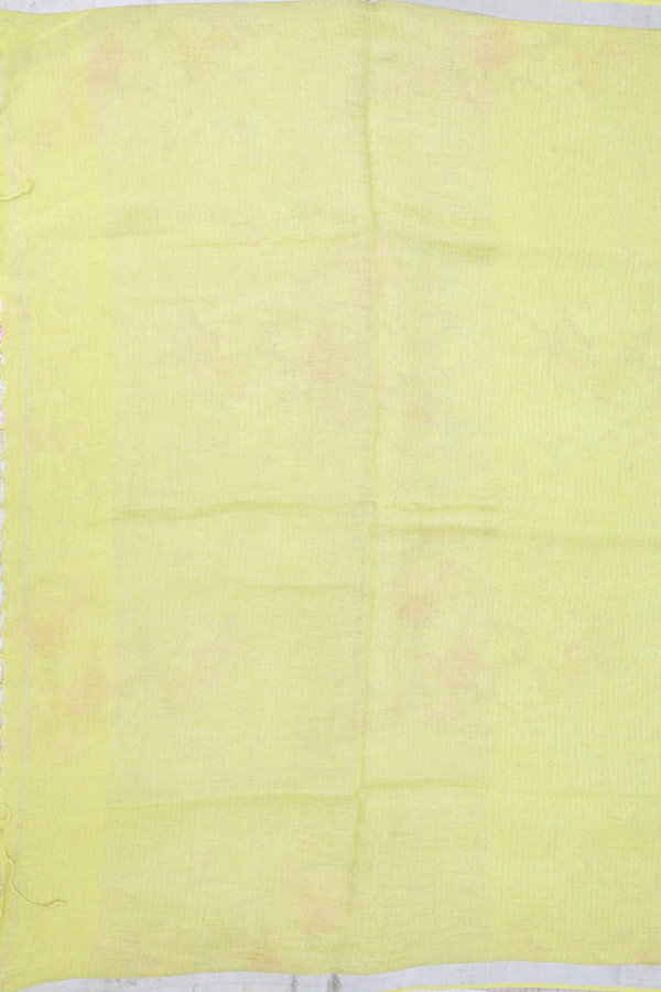 Linen Saree In Plain Lime Green With Zari Border