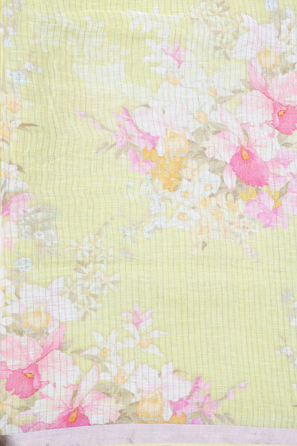 Linen Saree In Plain Lime Green With Zari Border