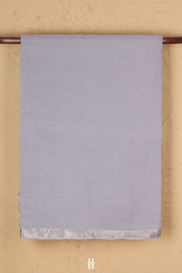 Linen Saree In Plain Light Grey With Zari Border