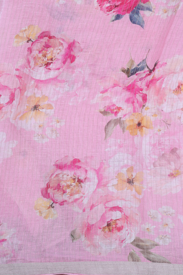 Linen Saree In Pink With Zari Border