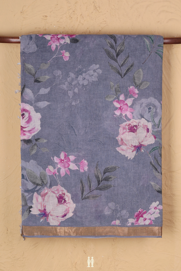 Linen Saree In Grey With Floral Printed Design