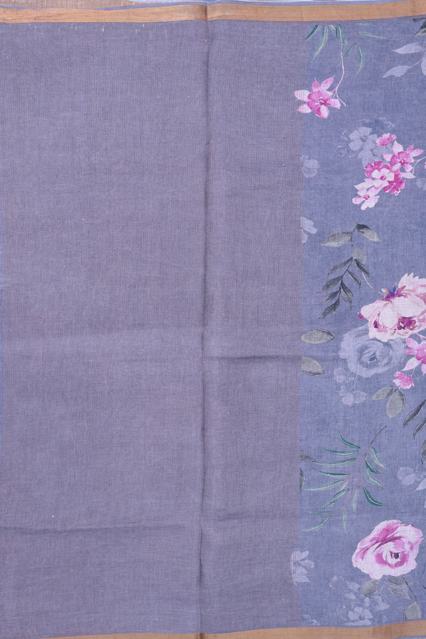 Linen Saree In Grey With Floral Printed Design