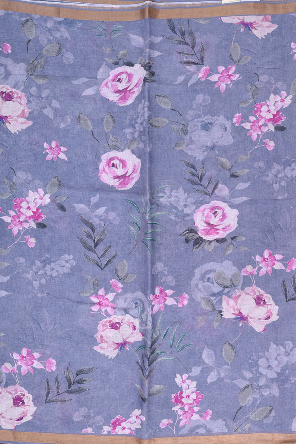 Linen Saree In Grey With Floral Printed Design