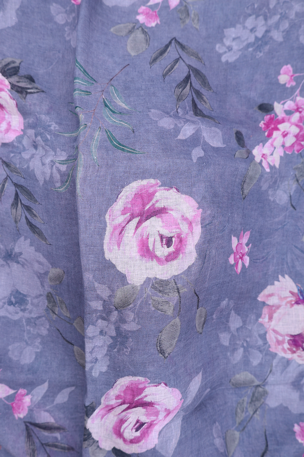 Linen Saree In Grey With Floral Printed Design