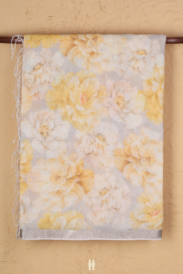 Linen Saree In White With Floral Printed Design