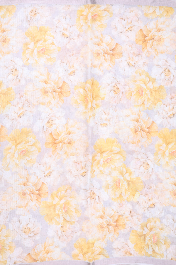 Linen Saree In White With Floral Printed Design