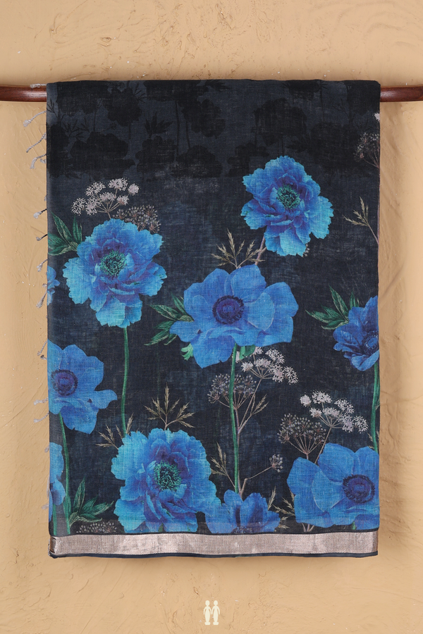 Linen Saree In Black With Floral Printed Design