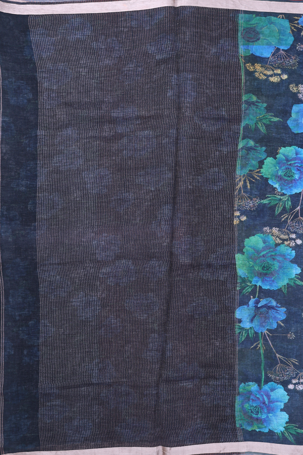 Linen Saree In Black With Floral Printed Design