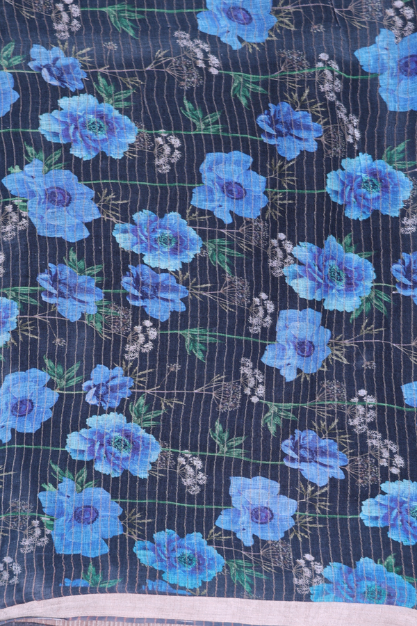 Linen Saree In Black With Floral Printed Design