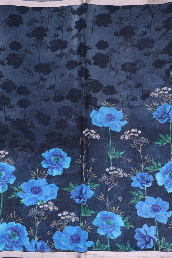 Linen Saree In Black With Floral Printed Design