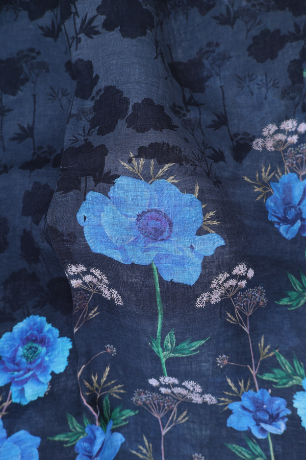 Linen Saree In Black With Floral Printed Design