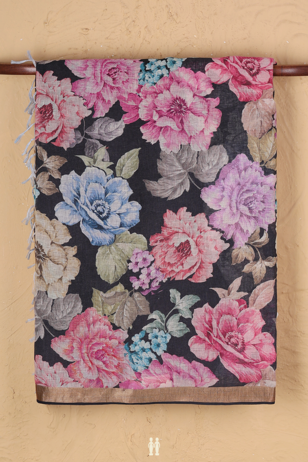 Linen Saree In Black With Floral Printed Design