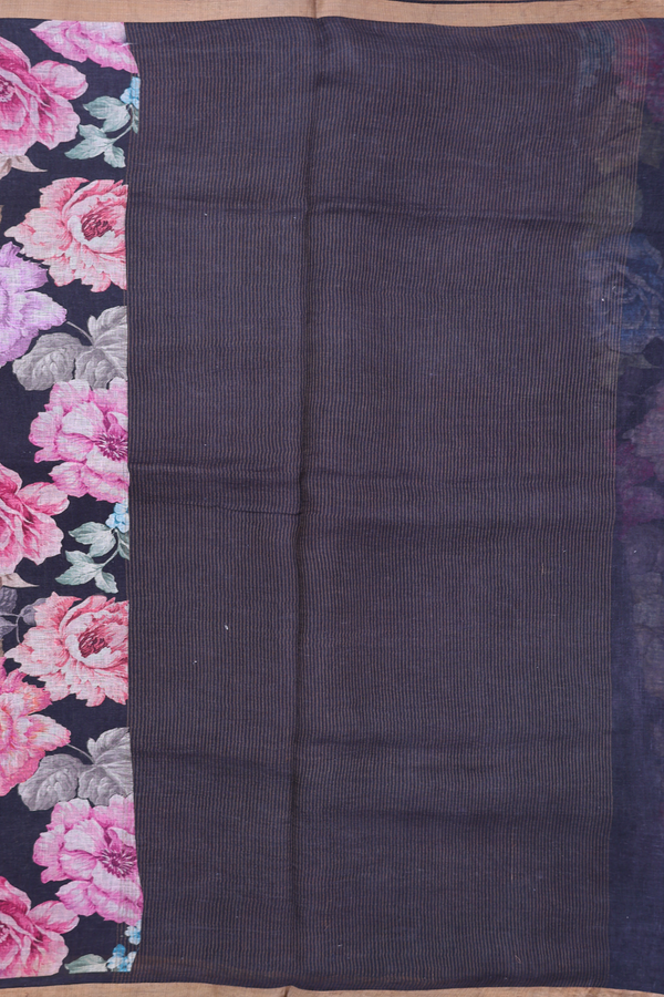 Linen Saree In Black With Floral Printed Design